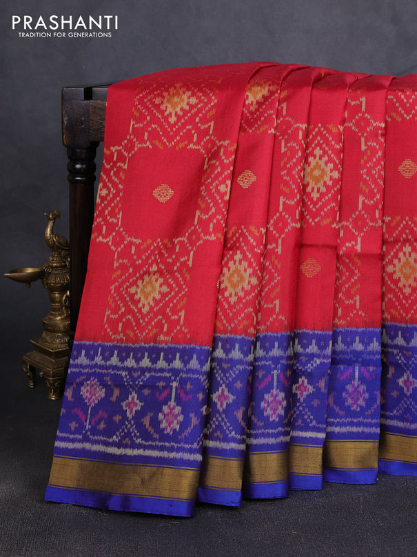 Rajkot patola silk saree maron and blue with allover ikat weaves and ikat zari woven border