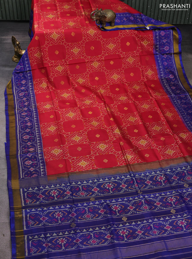 Rajkot patola silk saree maron and blue with allover ikat weaves and ikat zari woven border
