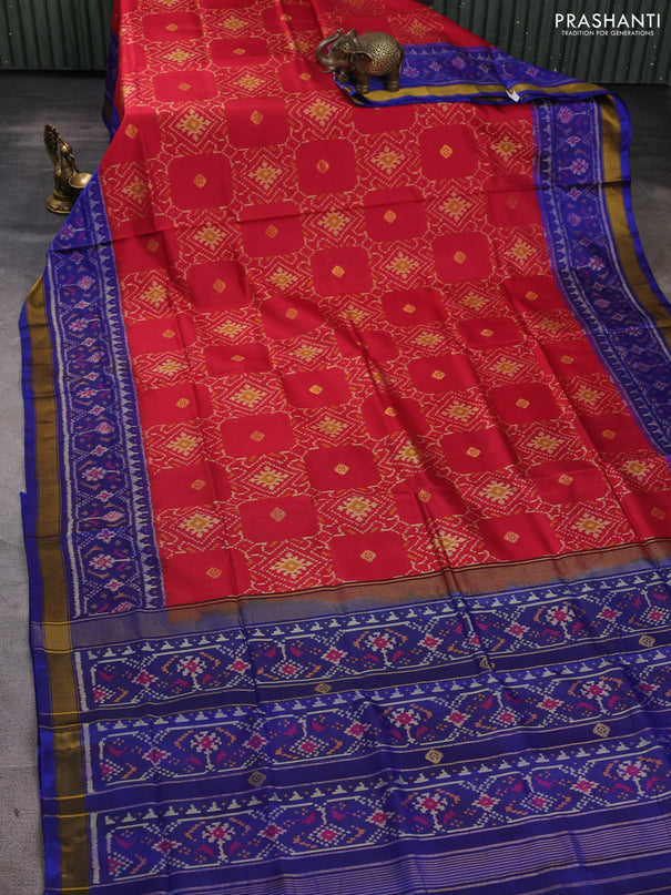 Rajkot patola silk saree maron and blue with allover ikat weaves and ikat zari woven border