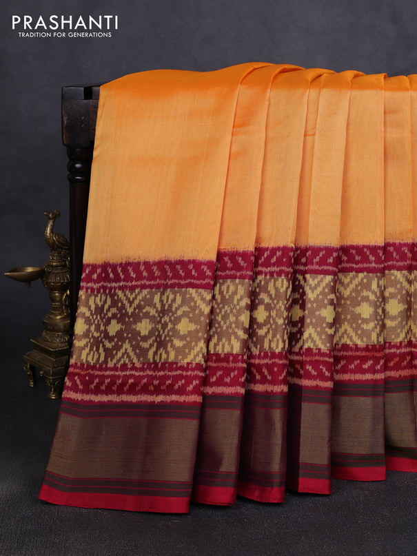 Rajkot patola silk saree pale orange and dual shade of maroon with plain body and ikat zari woven border