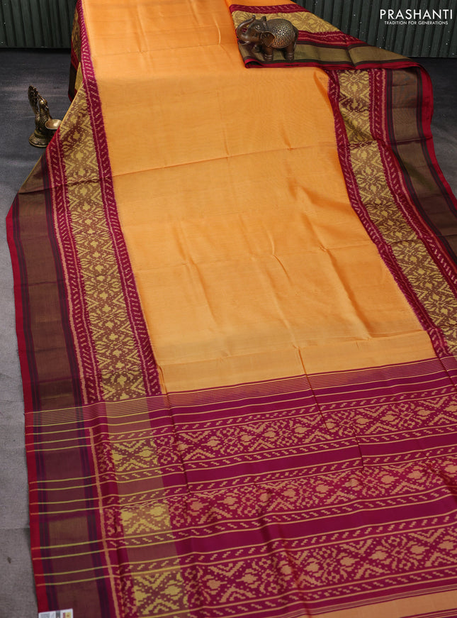 Rajkot patola silk saree pale orange and dual shade of maroon with plain body and ikat zari woven border