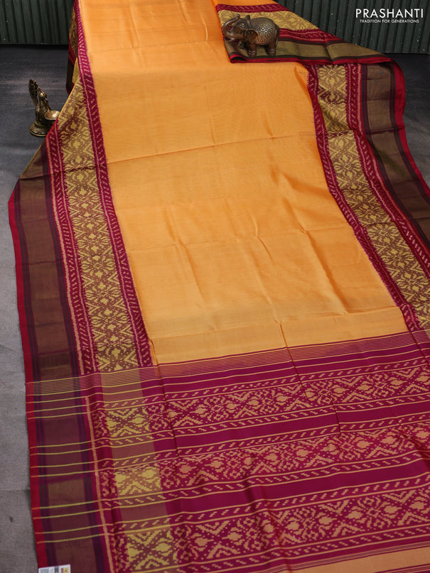 Rajkot patola silk saree pale orange and dual shade of maroon with plain body and ikat zari woven border
