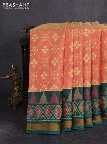 Rajkot patola silk saree sunset orange and bottle green with allover ikat woven buttas and ikat zari woven border