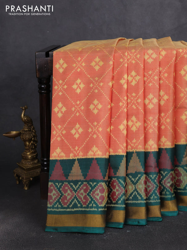 Rajkot patola silk saree sunset orange and bottle green with allover ikat woven buttas and ikat zari woven border