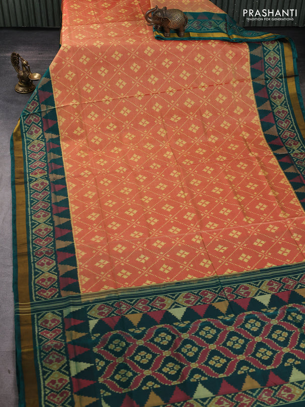 Rajkot patola silk saree sunset orange and bottle green with allover ikat woven buttas and ikat zari woven border