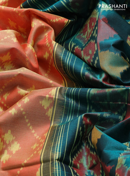 Rajkot patola silk saree sunset orange and bottle green with allover ikat woven buttas and ikat zari woven border