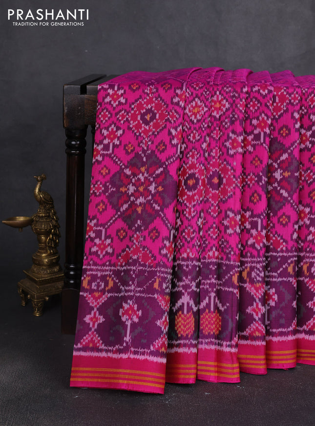 Rajkot patola silk saree pink and deep purple with allover ikat woven buttas and ikat zari woven border
