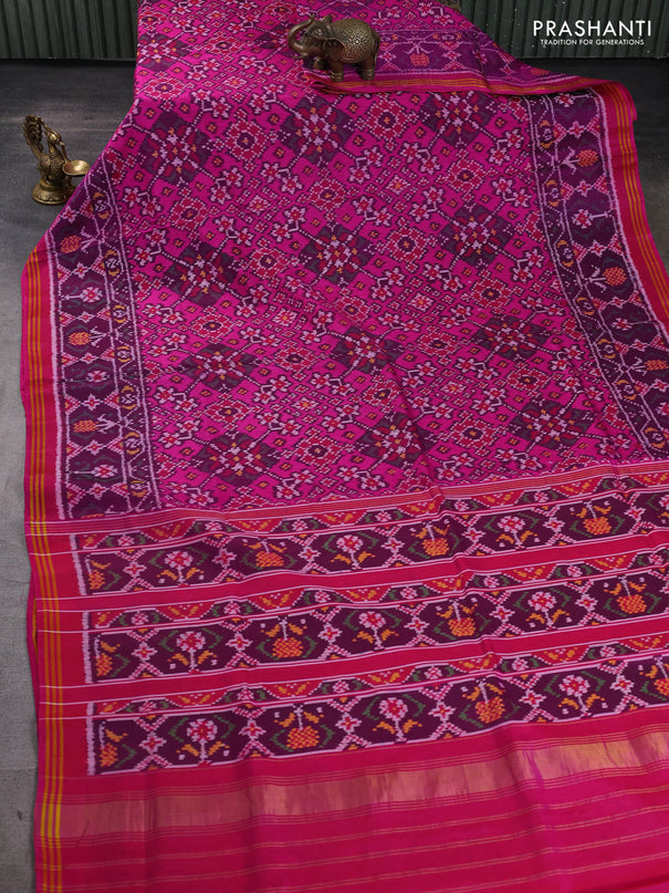 Rajkot patola silk saree pink and deep purple with allover ikat woven buttas and ikat zari woven border