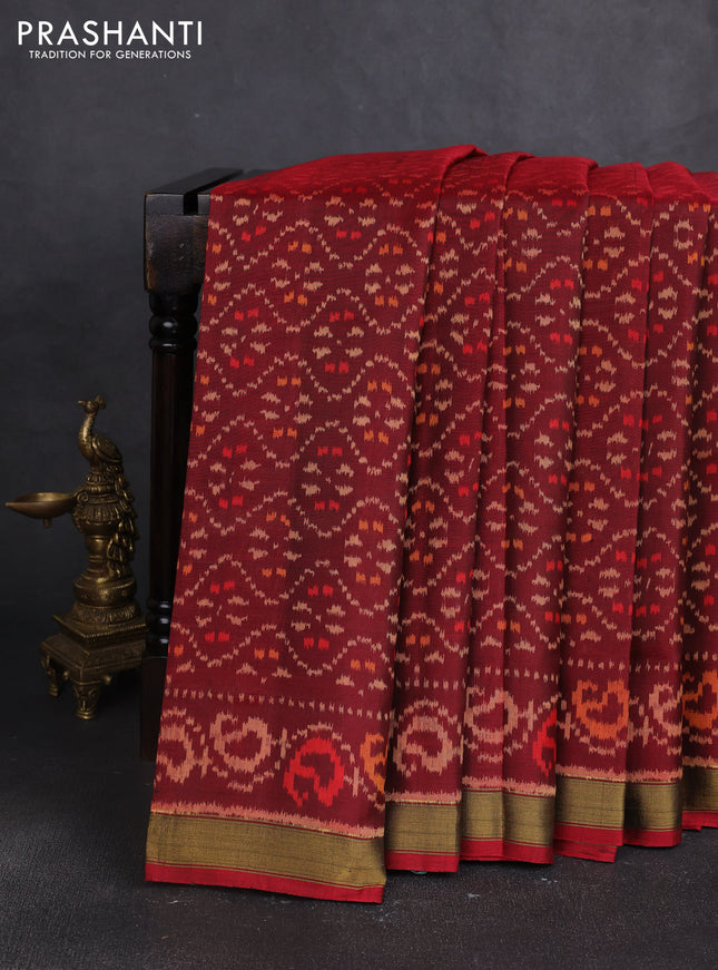 Rajkot patola silk saree deep maroon with allover ikat weaves and ikat zari woven border