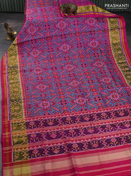 Rajkot patola silk saree dual shade of teal green and magenta pink with allover ikat weaves and ikat zari woven border