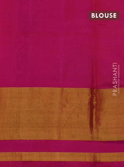 Rajkot patola silk saree dual shade of teal green and magenta pink with allover ikat weaves and ikat zari woven border