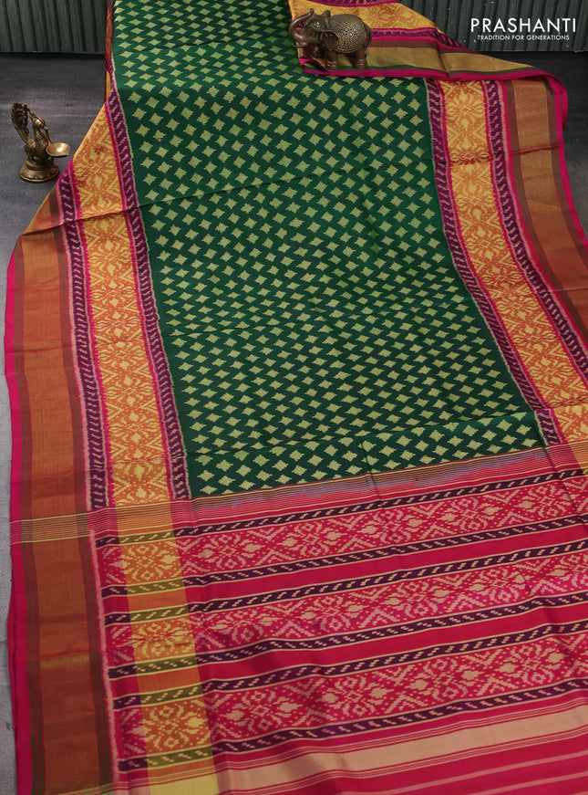 Rajkot patola silk saree bottle green and magenta pink with allover ikat woven buttas and zari woven border