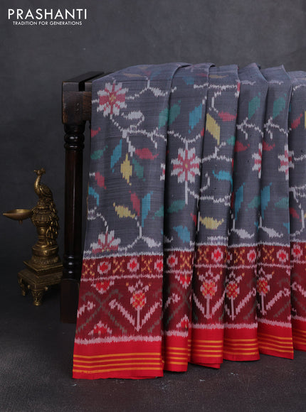 Rajkot patola silk saree grey and deep maroon with allover ikat weaves and ikat woven simple border