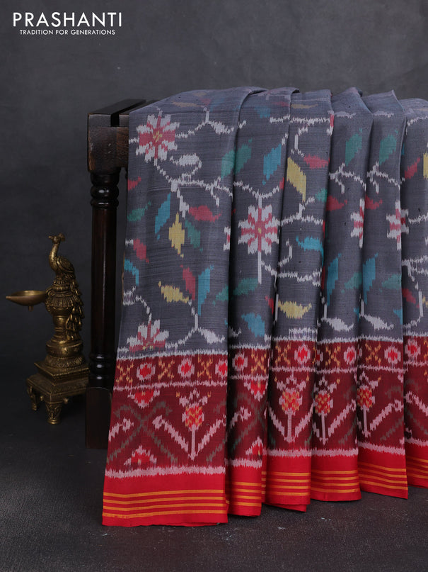 Rajkot patola silk saree grey and deep maroon with allover ikat weaves and ikat woven simple border