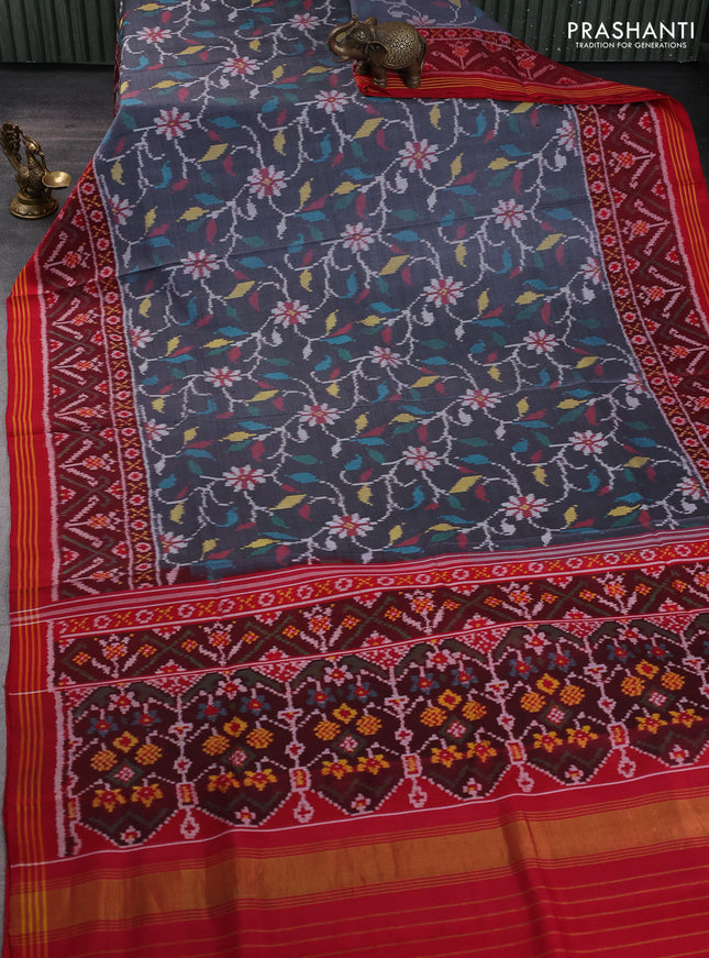 Rajkot patola silk saree grey and deep maroon with allover ikat weaves and ikat woven simple border