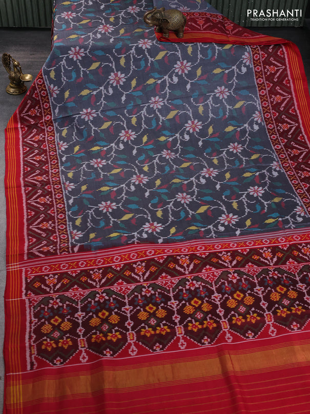 Rajkot patola silk saree grey and deep maroon with allover ikat weaves and ikat woven simple border