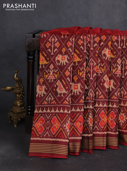 Rajkot patola silk saree maroon with allover ikat weaves and ikat woven simple border