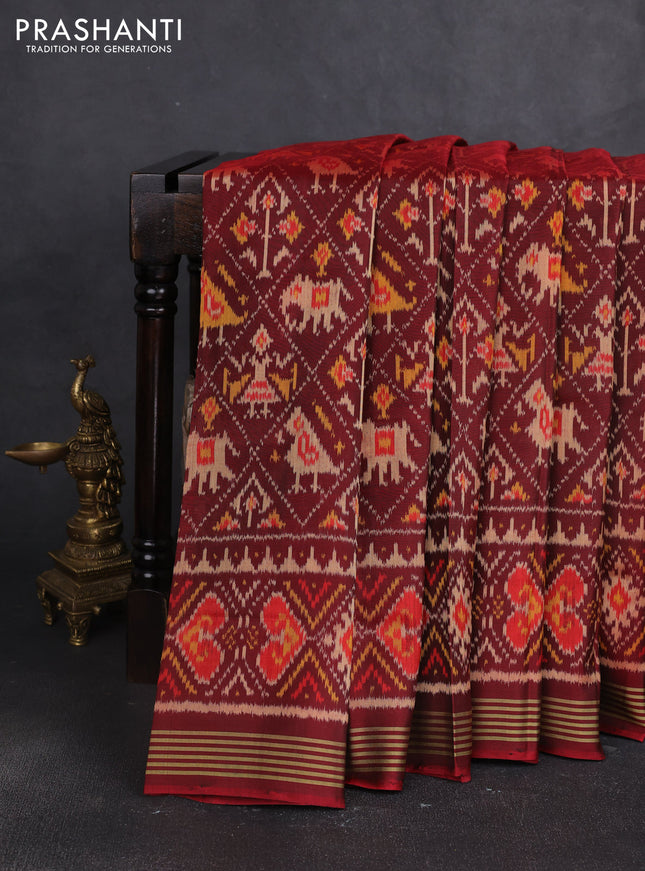 Rajkot patola silk saree maroon with allover ikat weaves and ikat woven simple border