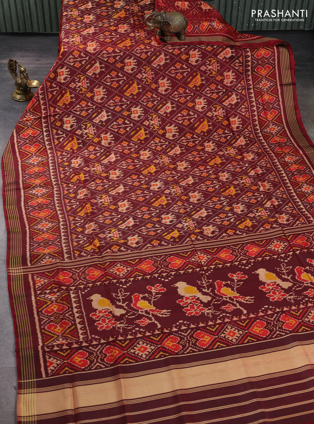 Rajkot patola silk saree maroon with allover ikat weaves and ikat woven simple border