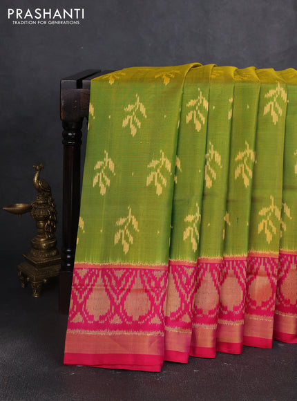 Rajkot patola silk saree dual shade of yellowish green and pink with ikat woven buttas and zari woven border