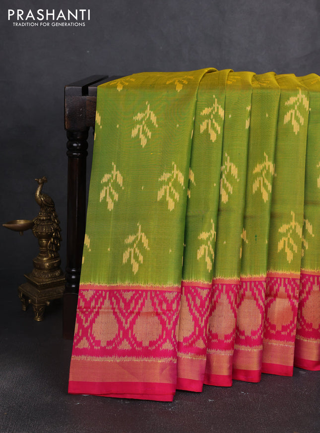 Rajkot patola silk saree dual shade of yellowish green and pink with ikat woven buttas and zari woven border