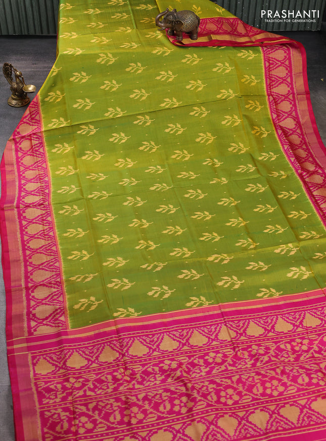 Rajkot patola silk saree dual shade of yellowish green and pink with ikat woven buttas and zari woven border
