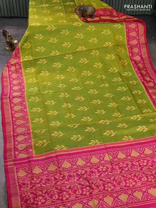 Rajkot patola silk saree dual shade of yellowish green and pink with ikat woven buttas and zari woven border