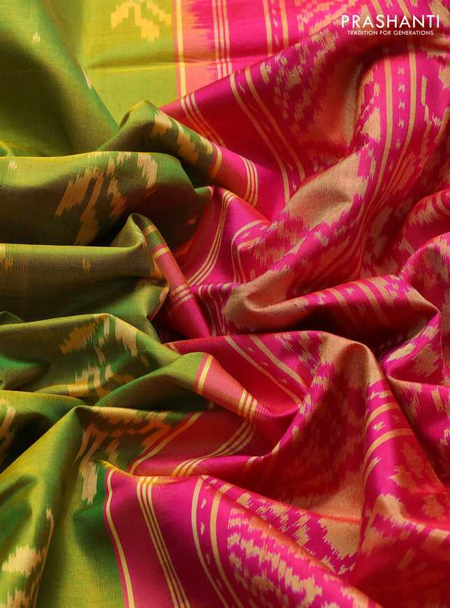 Rajkot patola silk saree dual shade of yellowish green and pink with ikat woven buttas and zari woven border