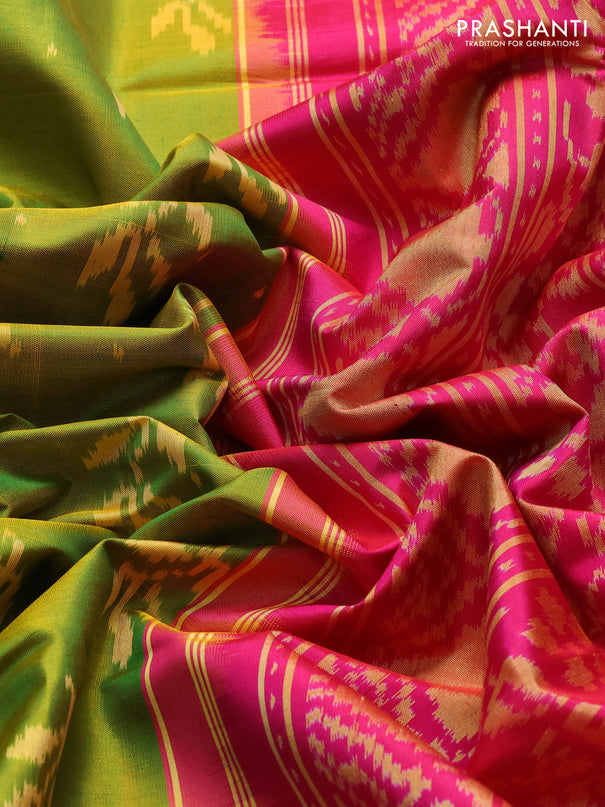 Rajkot patola silk saree dual shade of yellowish green and pink with ikat woven buttas and zari woven border