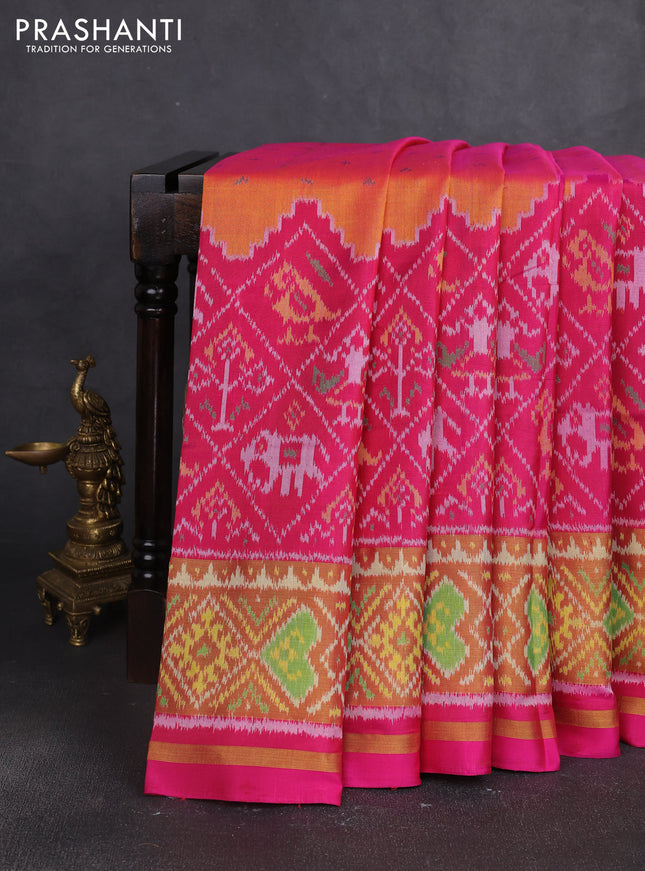 Rajkot patola silk saree sunset orange and pink with allover ikat woven buttas and zari woven border