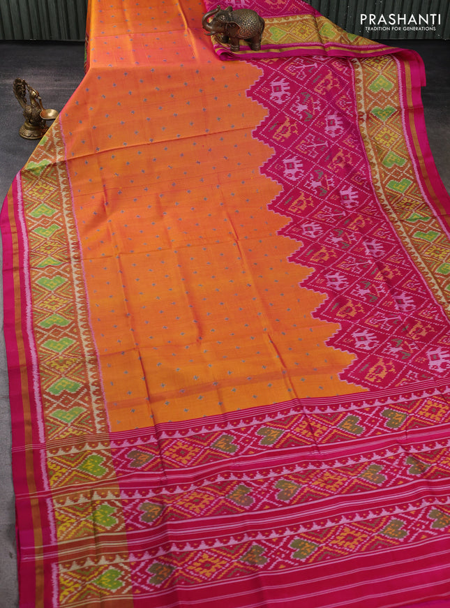 Rajkot patola silk saree sunset orange and pink with allover ikat woven buttas and zari woven border
