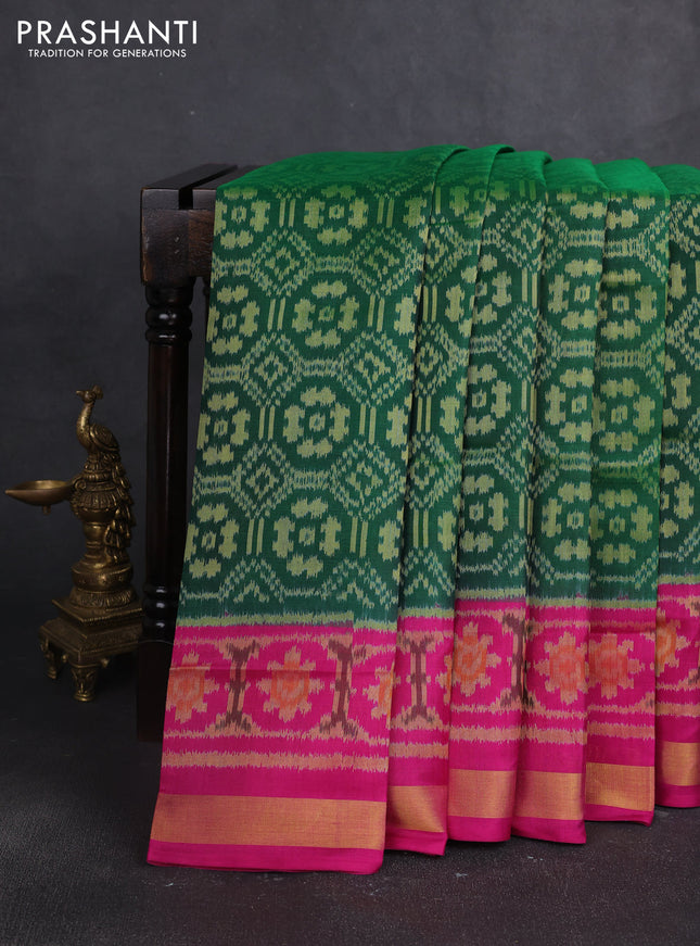 Rajkot patola silk saree green and pink with ikat woven buttas and zari woven border