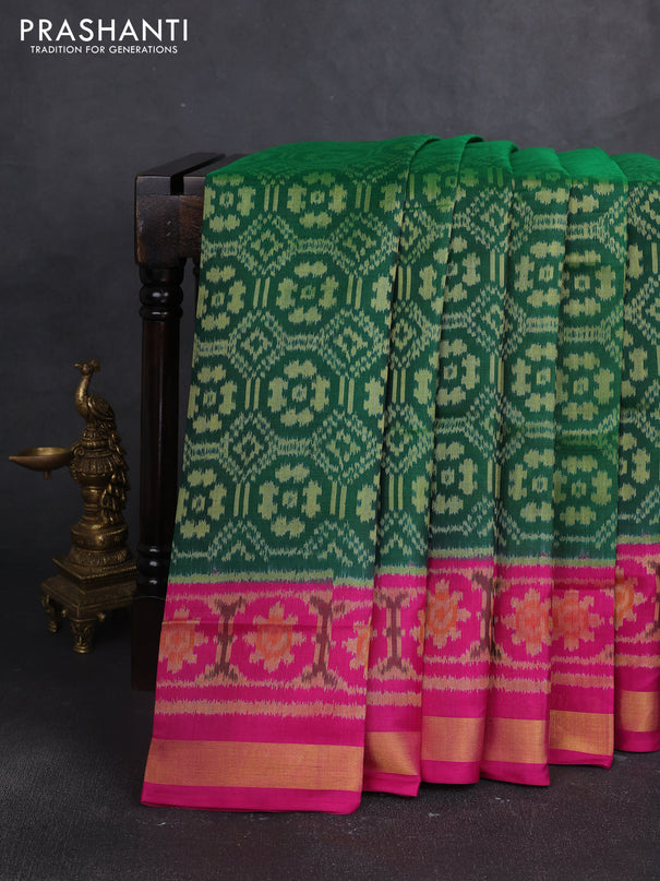 Rajkot patola silk saree green and pink with ikat woven buttas and zari woven border