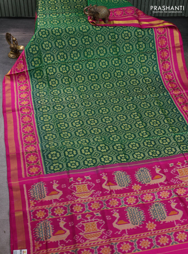 Rajkot patola silk saree green and pink with ikat woven buttas and zari woven border