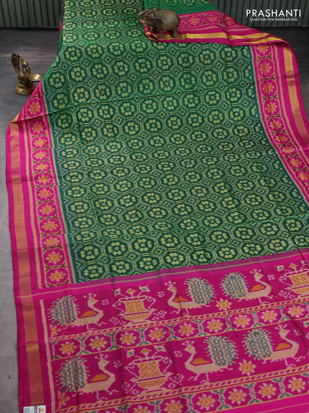 Rajkot patola silk saree green and pink with ikat woven buttas and zari woven border