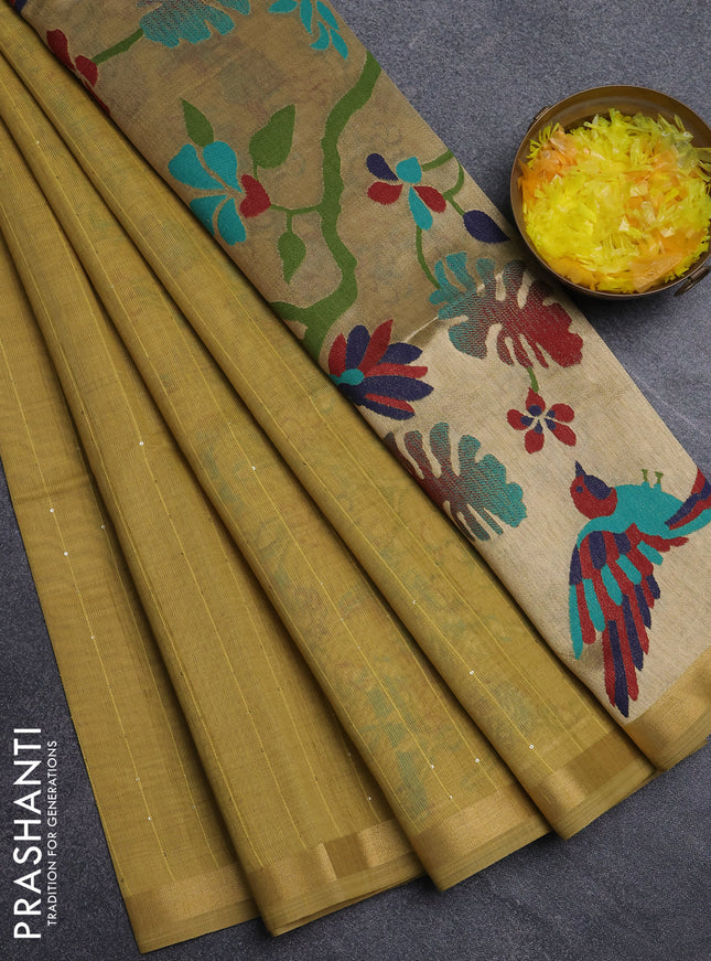 Art linen saree mustard yellow with allover sequence work and paithani weaving pallu