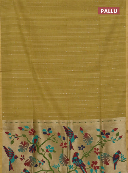 Art linen saree mustard yellow with allover sequence work and paithani weaving pallu