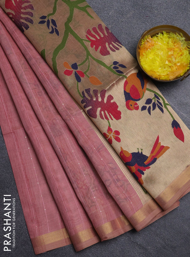 Art linen saree peach pink with allover sequence work and paithani weaving pallu