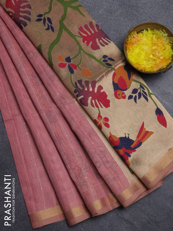 Art linen saree peach pink with allover sequence work and paithani weaving pallu
