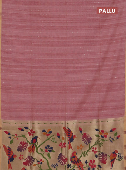 Art linen saree peach pink with allover sequence work and paithani weaving pallu