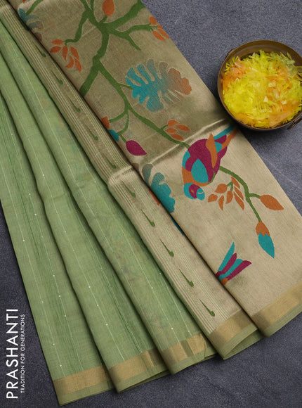 Art linen saree pista green with allover sequence work and paithani weaving pallu