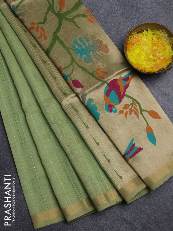 Art linen saree pista green with allover sequence work and paithani weaving pallu