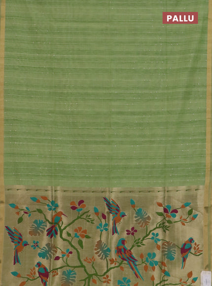 Art linen saree pista green with allover sequence work and paithani weaving pallu