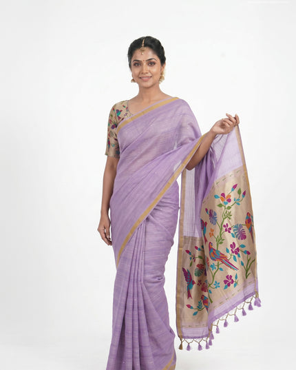 Art linen saree lavender with allover sequence work and paithani weaving pallu