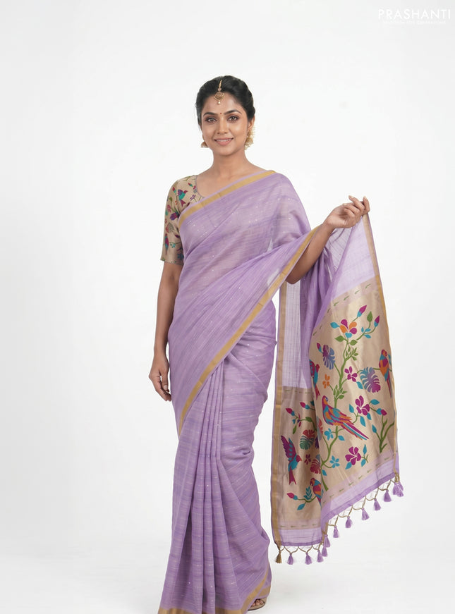 Art linen saree lavender with allover sequence work and paithani weaving pallu