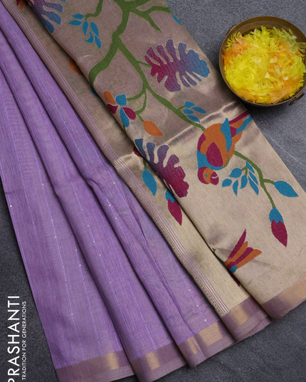 Art linen saree lavender with allover sequence work and paithani weaving pallu