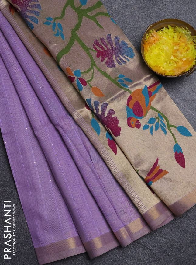 Art linen saree lavender with allover sequence work and paithani weaving pallu