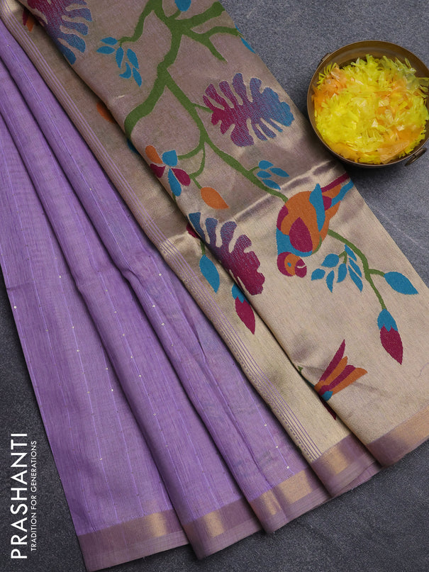 Art linen saree lavender with allover sequence work and paithani weaving pallu