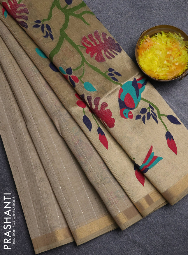 Art linen saree beige with allover sequence work and paithani weaving pallu