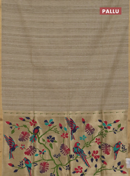 Art linen saree beige with allover sequence work and paithani weaving pallu